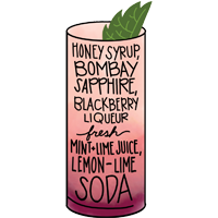 Sapphire Sunset - Honey syrup, Bombay Sapphire, blackberry liqueur, fresh mint, lime juice, lemon lime soda